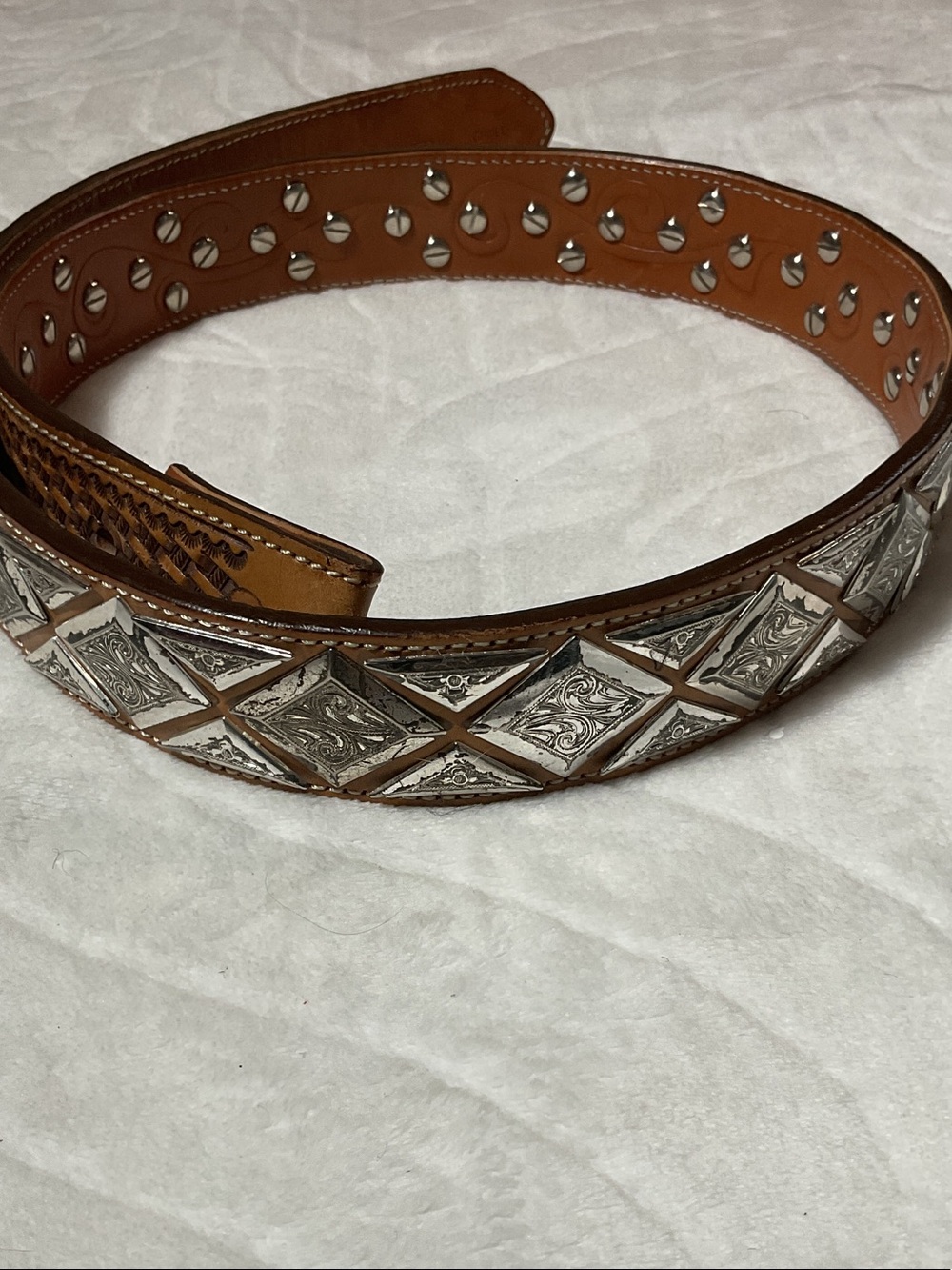 Vintage thick heavy leather silver studded western belt